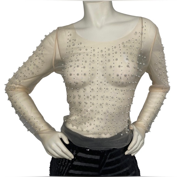 FASHION CLASSIC COLLECTION Nude Sheer Mesh See Through Pearl Diamond Crop Top, L - Picture 5 of 16